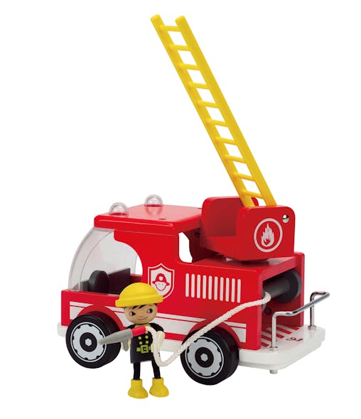 Camion de pompier en bois et sa figurine