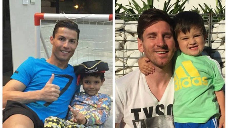 Lionel Messi et Cristiano Ronaldo avec leur fils
        respectifs
