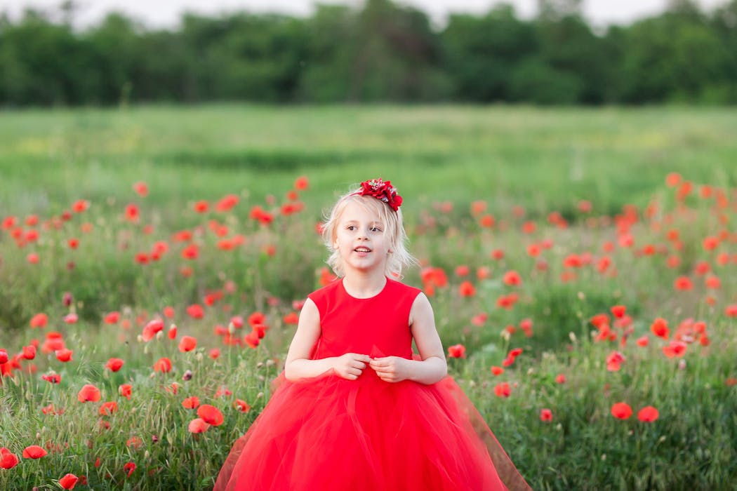petite fille dans un champ de fleurs 