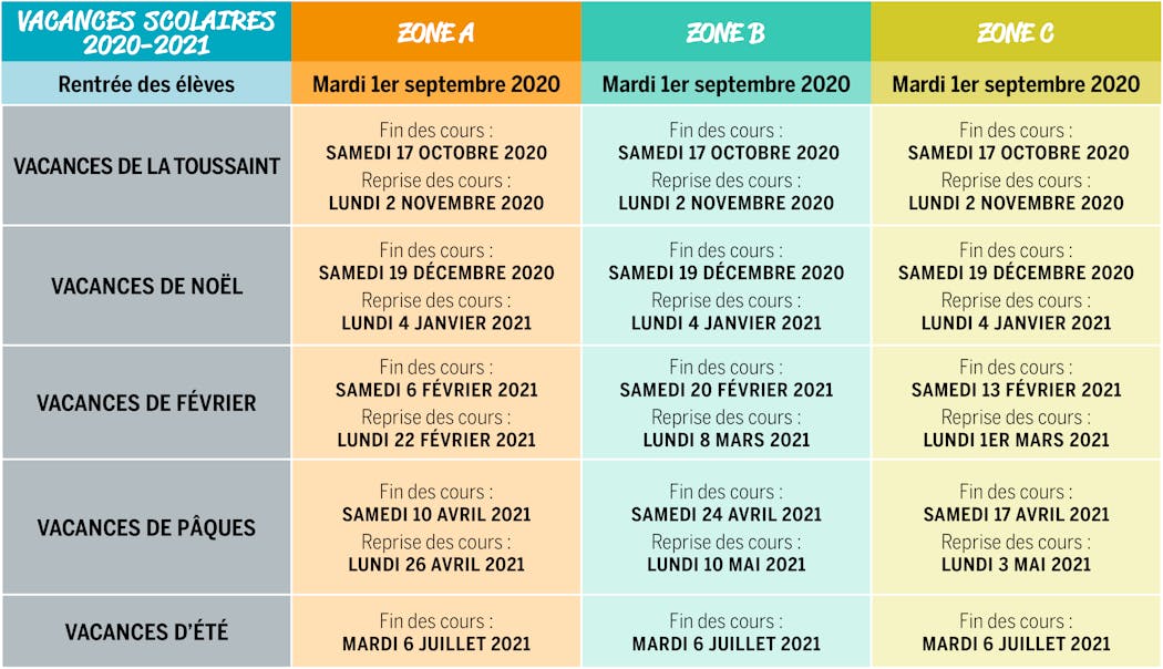 Vacances scolaires : le calendrier officiel des congés 2020-2021 Vacances scolaires : le calendrier officiel des congés 2020-2021