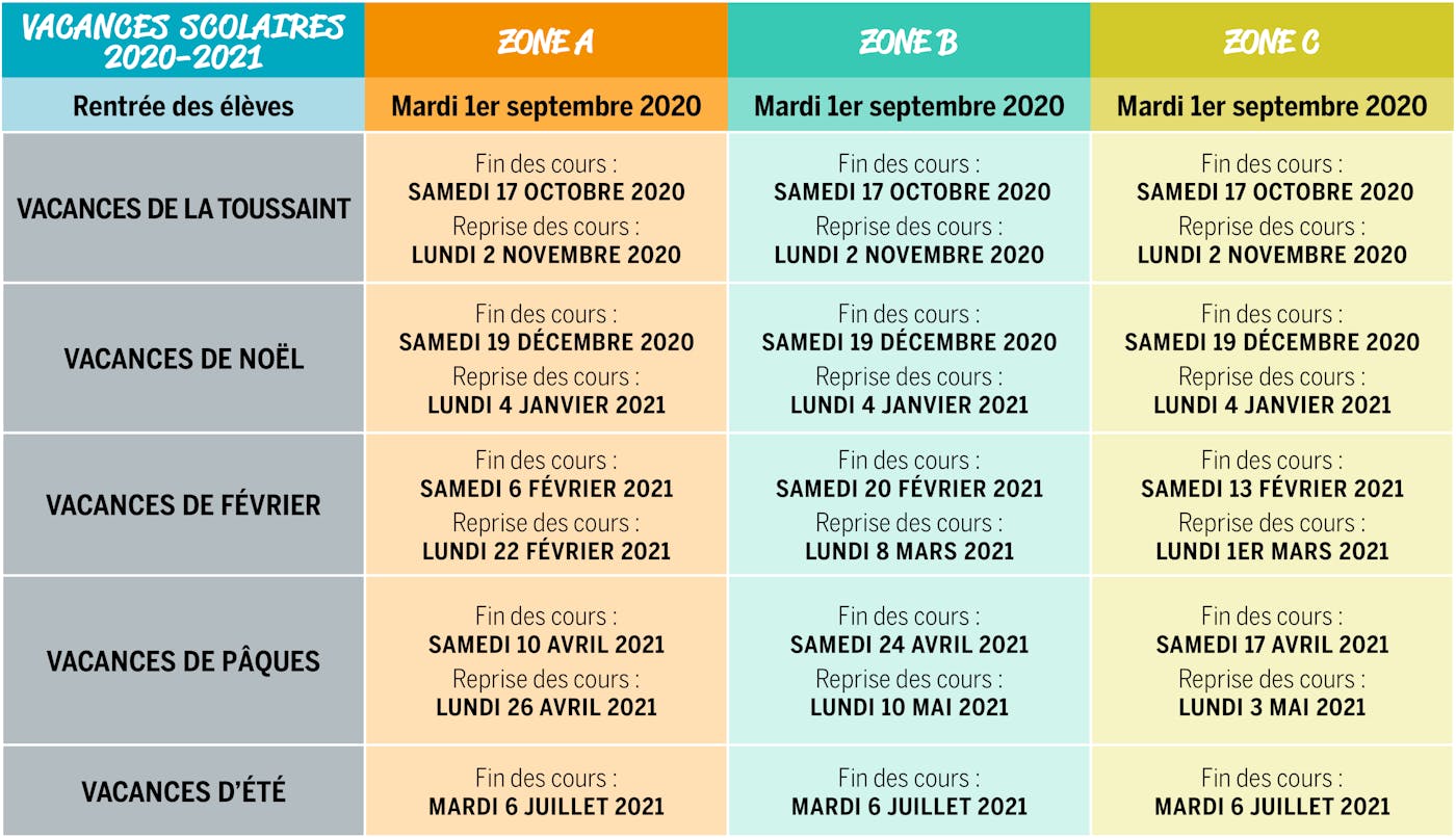 Vacances scolaires : le calendrier officiel des congés 2020-2021 Vacances scolaires : le calendrier officiel des congés 2020-2021