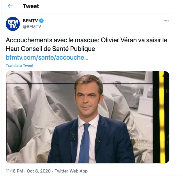 Olivier Véran ministre de la santé questionné sur le masque pendant l'accouchement