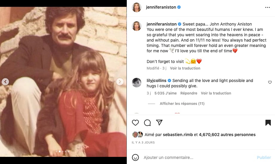Jennifer Aniston rend hommage à son papa décédé cette semaine...