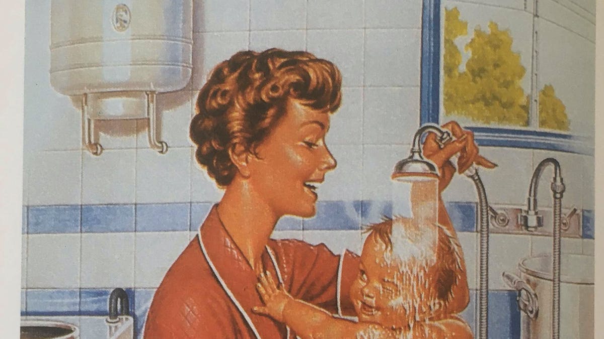 Le bain des bébés dans les années 50 (affiche publicitaire de Charles Lemmel, 1956, Bibliothèque Forney, Paris)