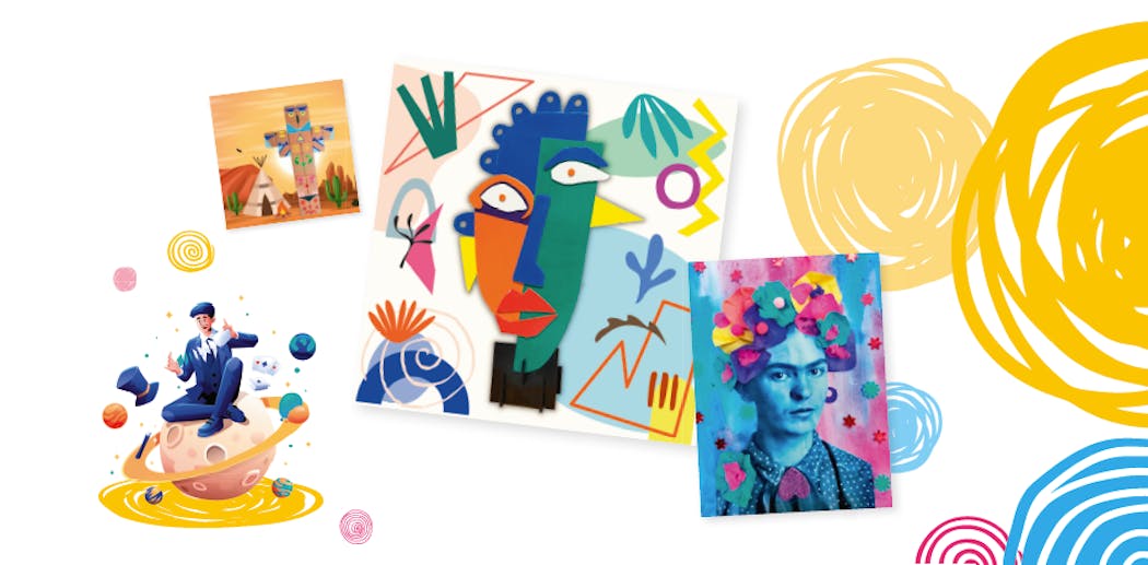Portrait de Frida Kahlo, peinture de Picasso, totem cleoblock et logo de magicien