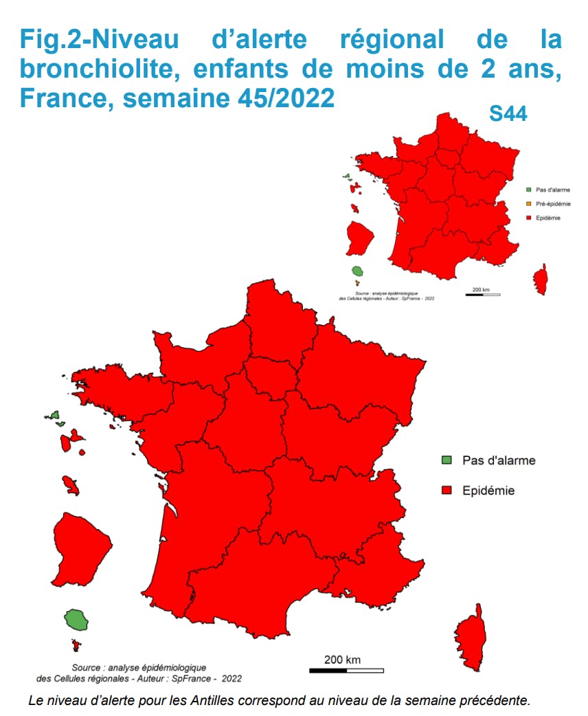 La carte de France du bulletin épidémiologique de la bronchiolite du 7 au 13 novembre 2022.