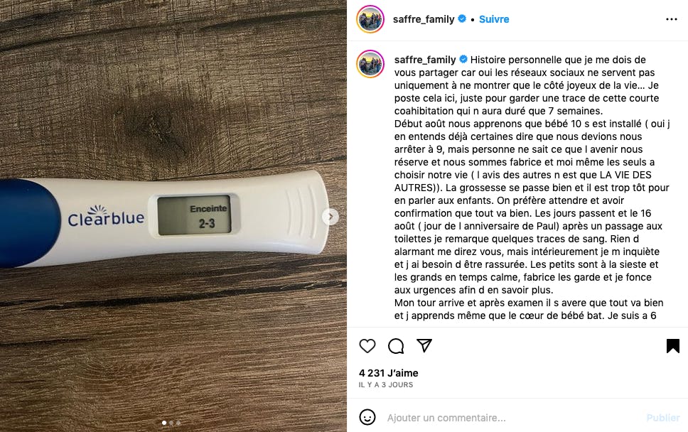Céline Saffré (Large Families) announced this week that she had a miscarriage..