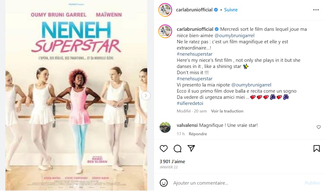 Publication Instagram de Carla Bruni sur le film de sa nièce