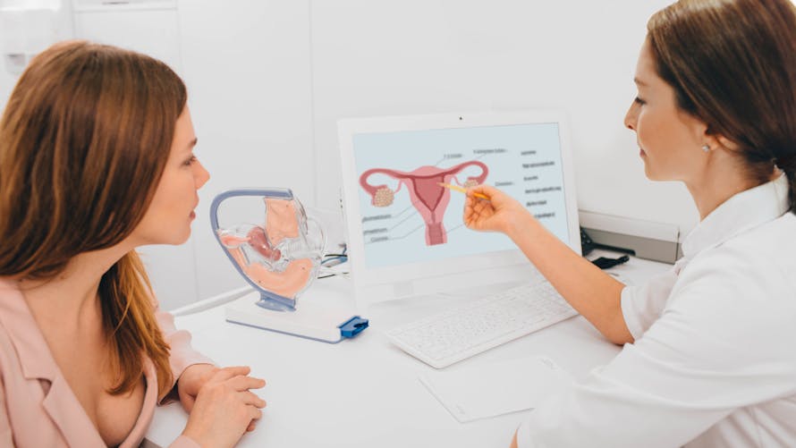 Cancer de l'ovaire : Une médecin montre un schéma d'utérus à une patiente