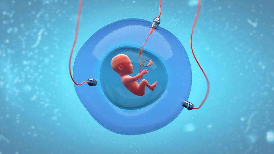 Concept d'utérus artificiel avec un bébé flottant dans une poche reliée à des électrodes