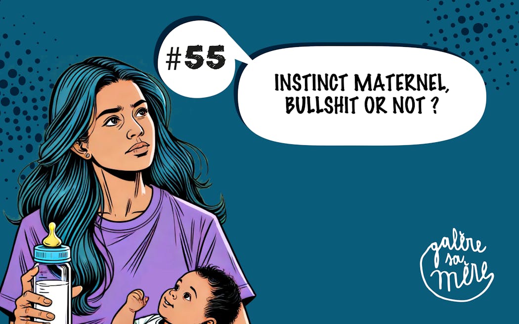 Illustration d'une femme tenant un biberon avec texte sur l'instinct maternel.